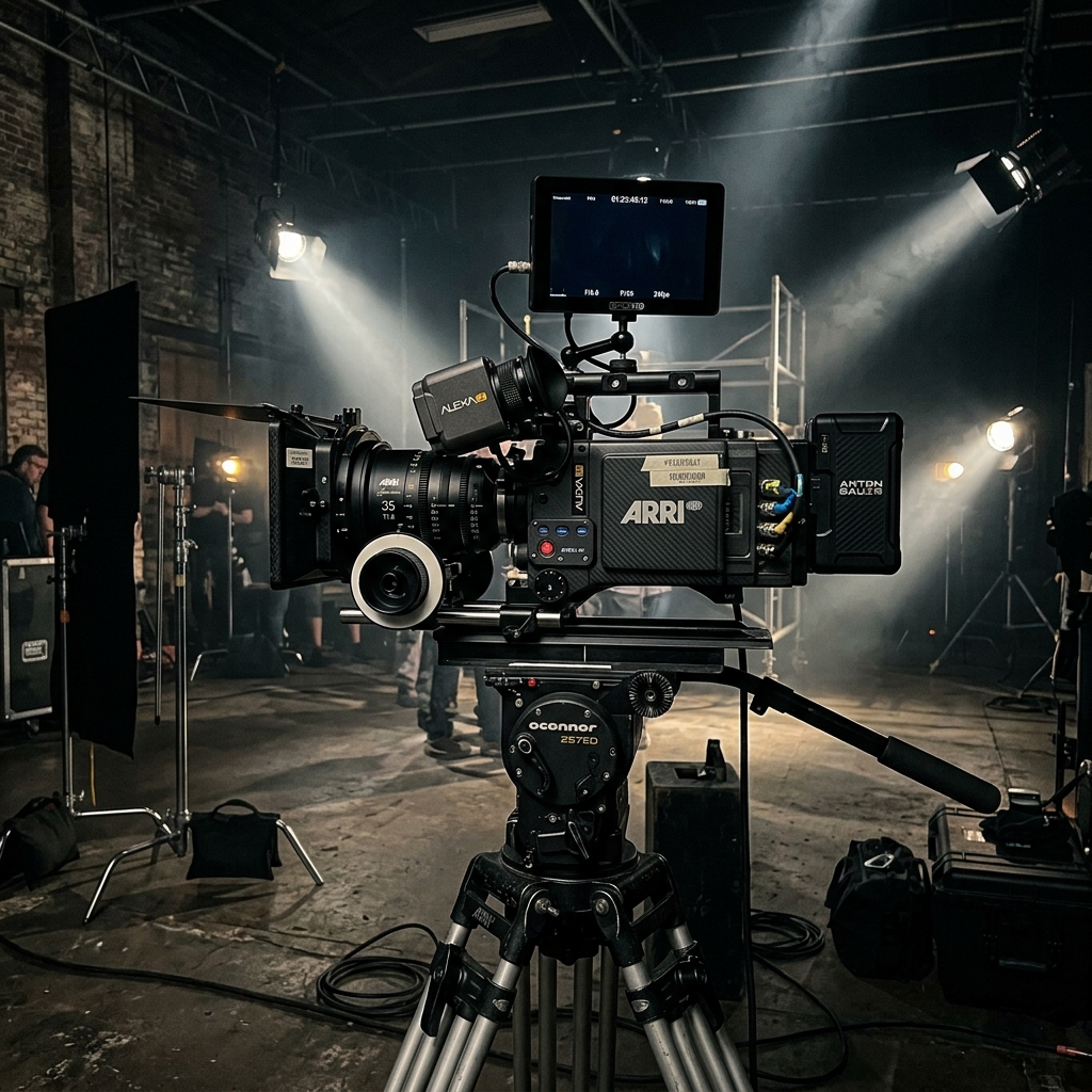 Cinema camera rig on tripod in production studio spotlight