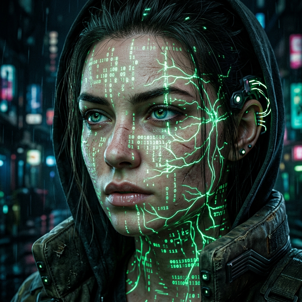 AI Character facial consistency under green glowing digital mesh